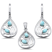 Evilo Pear Shape Natural Larimar Leaf Design .925 Sterling Silver Pendant & Earrings Set