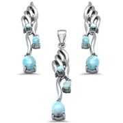 Evilo Pear Shape Natural Larimar Dangling .925 Sterling Silver Pendant & Earrings Set