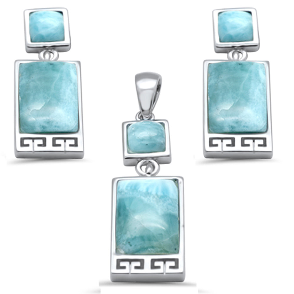 Evilo Square & Rectangle Natural Larimar Greek Design .925 Sterling Silver Pendant & Earrings Set