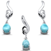 Evilo Pear Shape Natural Larimar Dangling Swirly Design .925 Sterling Silver Pendant & Earrings Set