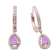 Evilo Pink Opal & Cz Hoop Dangle Rose Gold Plated .925 Sterling Silver Earrings