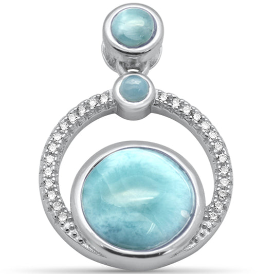 Round Natural Larimar & CZ .925 Sterling Silver Pendant
