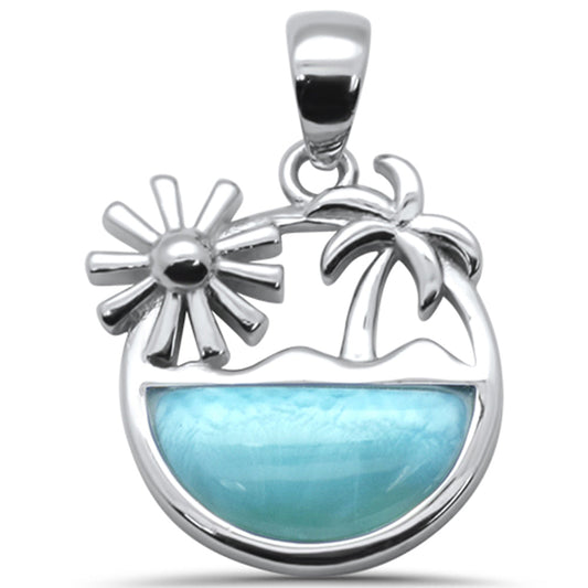 Palm Tree & Sun Natural Larimar .925 Sterling Silver Pendant