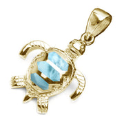 Evilo Yellow Gold Plated Natural Larimar Turtle .925 Sterling Silver Pendant