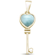 Evilo Yellow Gold Plated Natural Larimar Heart Key .925 Sterling Silver Pendant