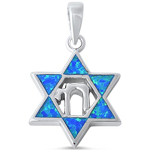 Evilo CLOSEOUT! Blue Opal Star of David with Chai Symbol .925 Sterling Silver Pendant