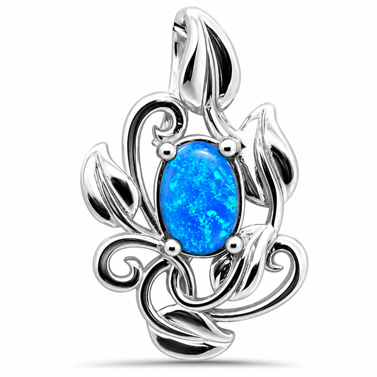 Oval Blue Opal Vine with Leaves .925 Sterling Silver Pendant