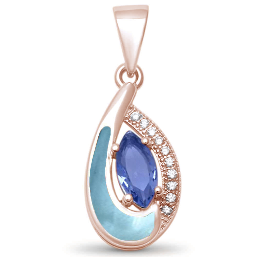 Evilo Rose Gold Plated Tear Drop Tanzanite, Cz & Natural Larimar .925 Sterling Silver Pendant