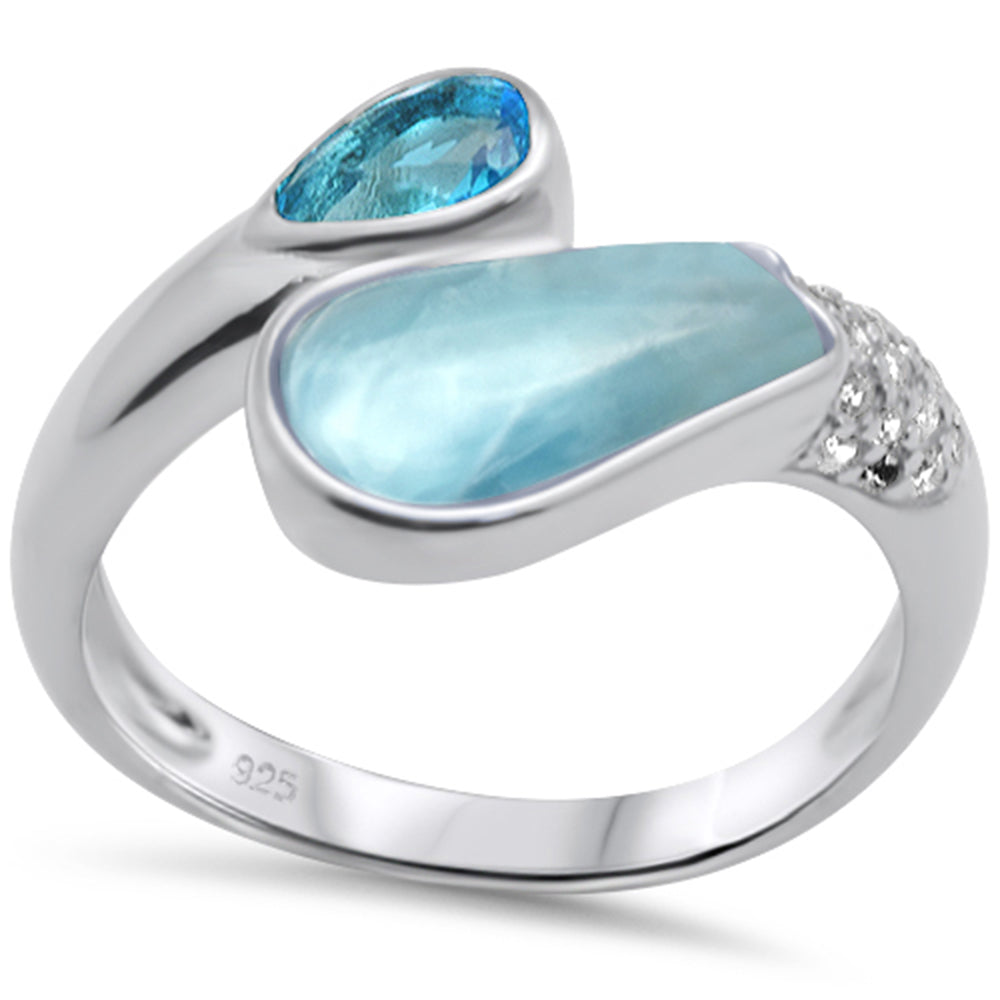Natural Larimar & Blue Topaz .925 Sterling Silver Ring Size 6-8