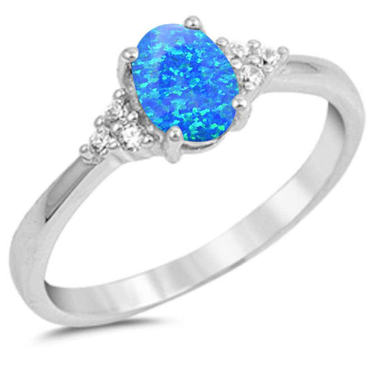 Blue Opal Oval & Round Cubic Zirconia .925 Sterling Silver Ring