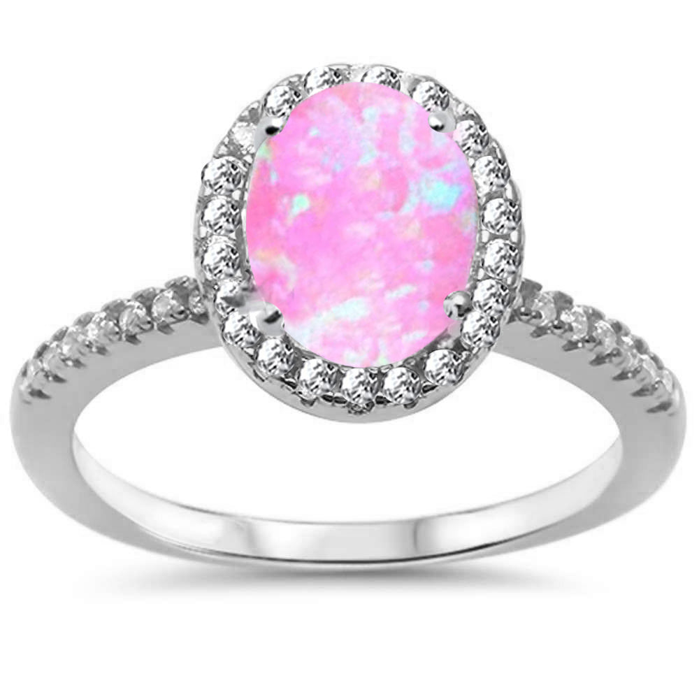 <span>CLOSEOUT! </span> Oval Pink Opal & Cubic Zirconia Halo .925 Sterling Silver Ring Sizes 4-6